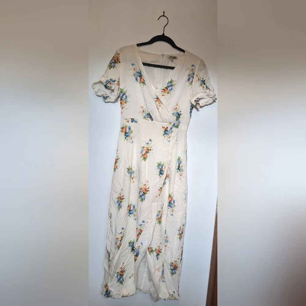 Madewell Magdalena Floral Wrap Cream Flutter Sleeve Midi Dress Size 4 Boho